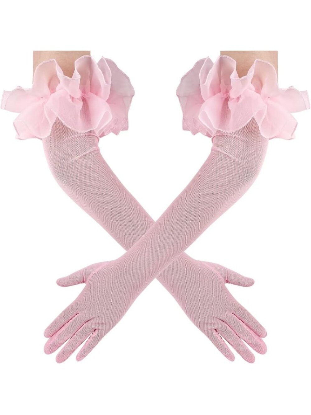 Women's Pink Long Sleeve Oversize Ruffle Cuff Sheer Tulle Mesh Puff Gloves